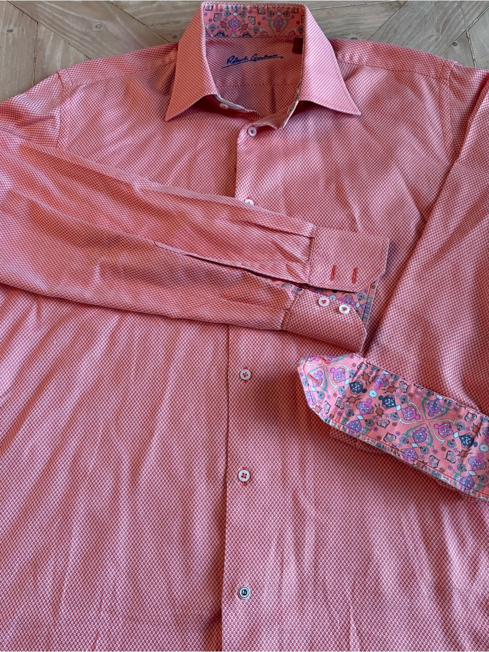 Robert Graham Coral Pink Micro-Pattern Dress Shirt with Contrast Cuffs